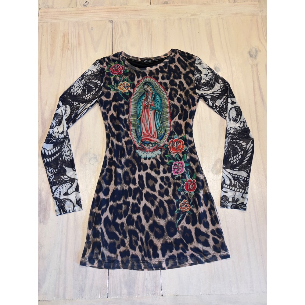 Ed Hardy Virgin Mary Leopard Print Mesh Mini Dress XS Long Sleeve Tattoo Graphic